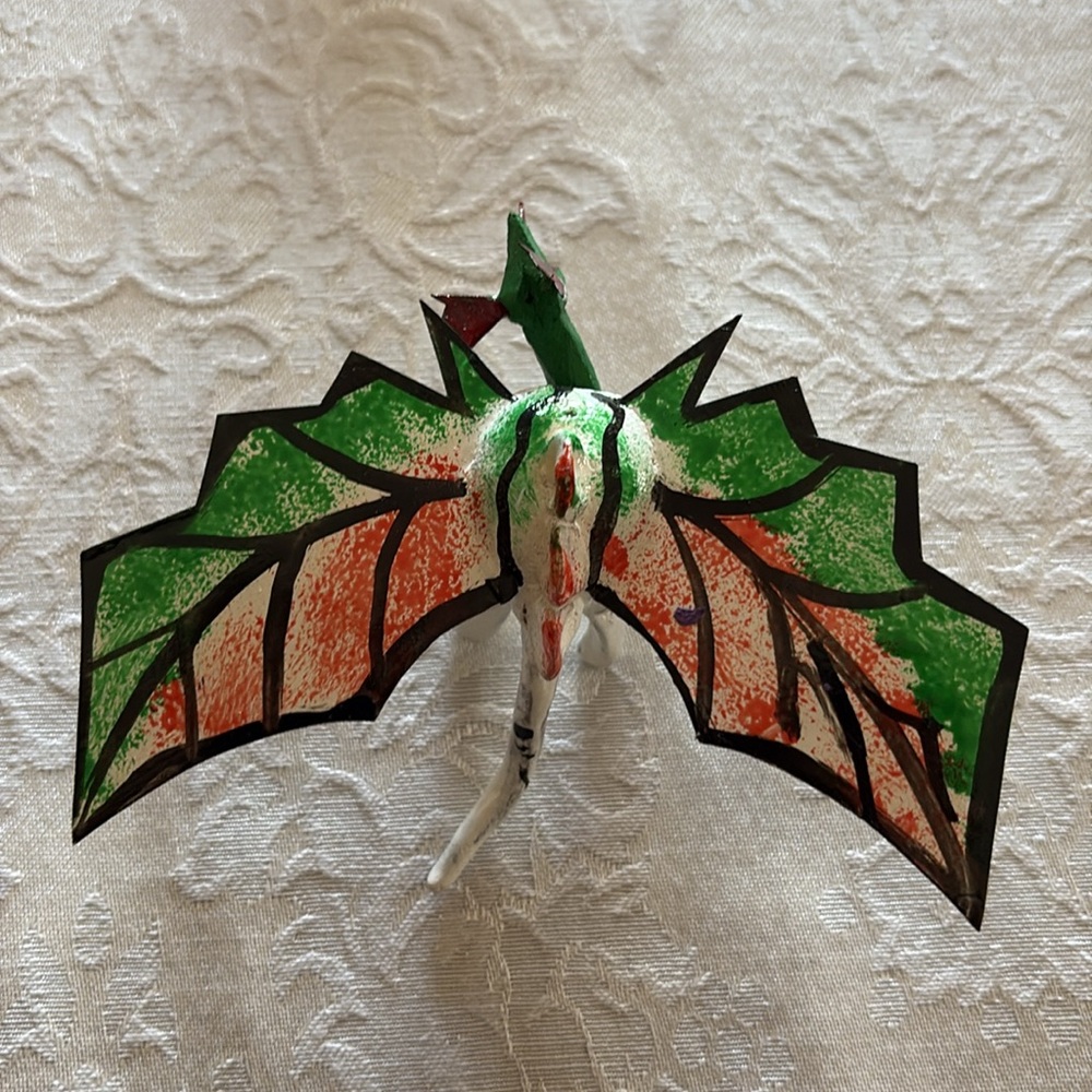 Handmade Mexican Wooden White Flying Dinosaur Dragon with wings